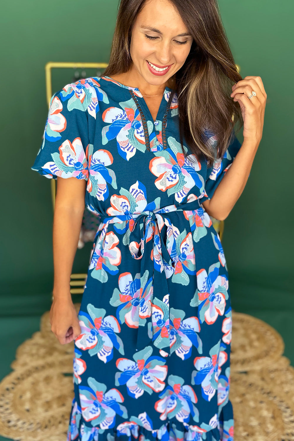 Green, Blue, Coral Tie Waist Midi Dress