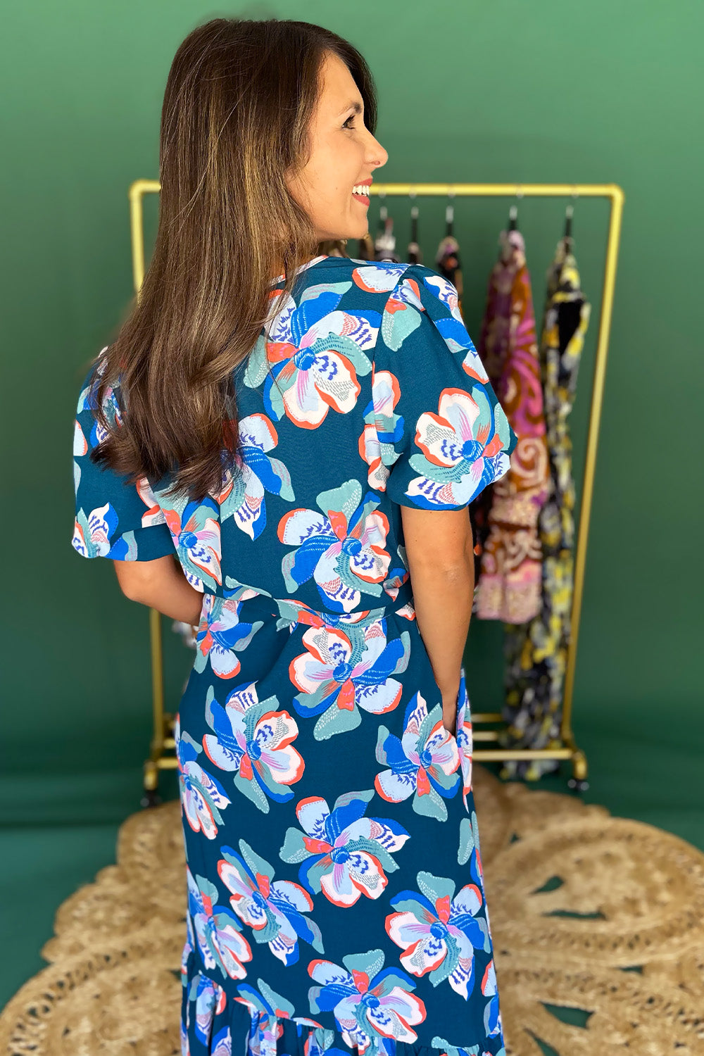 Green, Blue, Coral Tie Waist Midi Dress