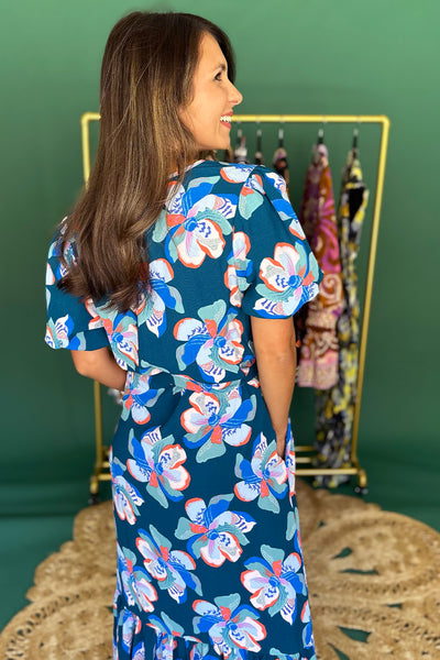 Green, Blue, Coral Tie Waist Midi Dress