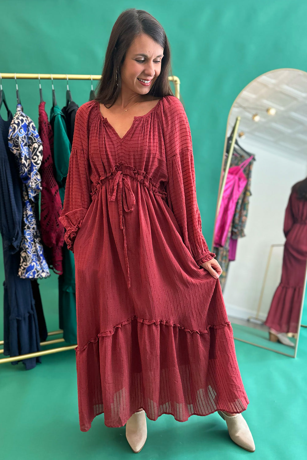 Raglan Sleeve Midi Dress Burgundy