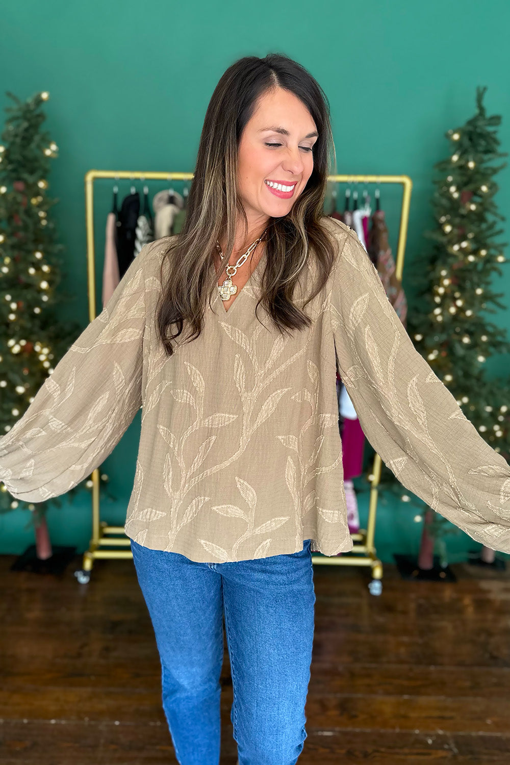 Textured Long Sleeve Blouse Mushroom