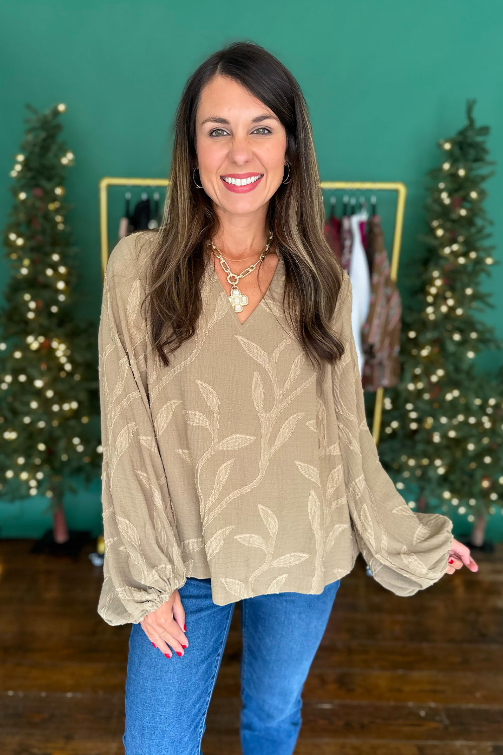 Textured Long Sleeve Blouse Mushroom