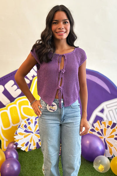 Purple Tie Front Knit Top