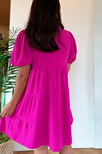 Tiered Puff Sleeve Button Dress Pink