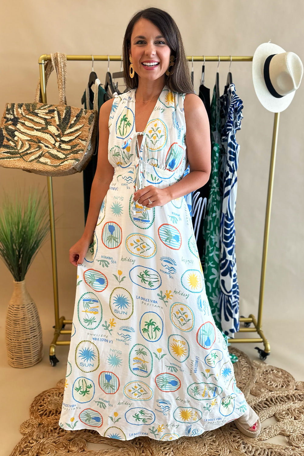 White Tropical Pattern Tie Chest Maxi