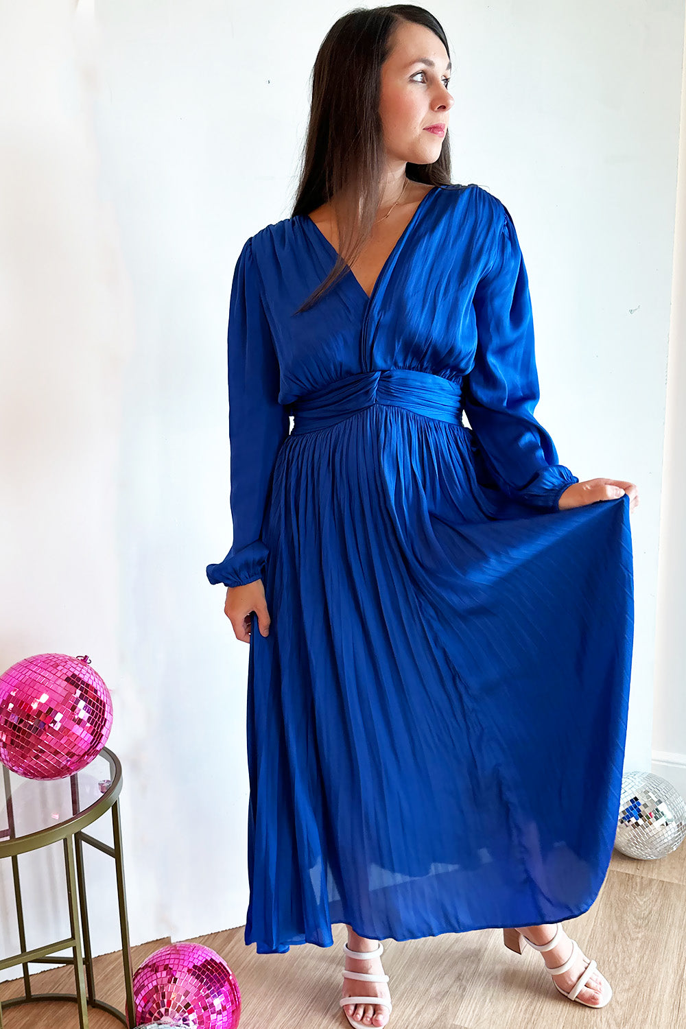 Satin Twisted Front Midi Dress Blue