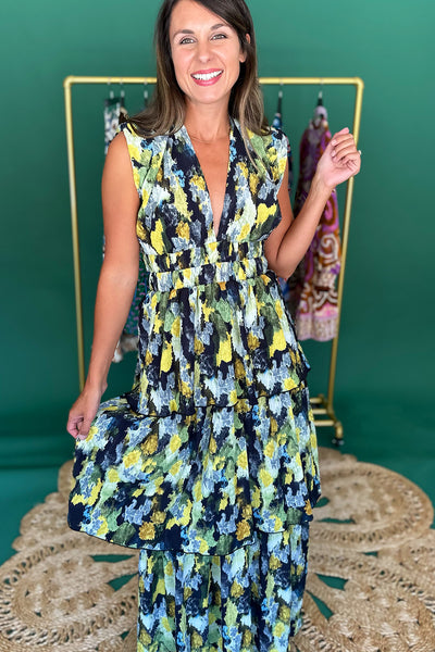 Green Yellow Water Color Pleated Long Dress