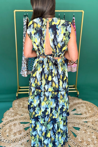 Green Yellow Water Color Pleated Long Dress