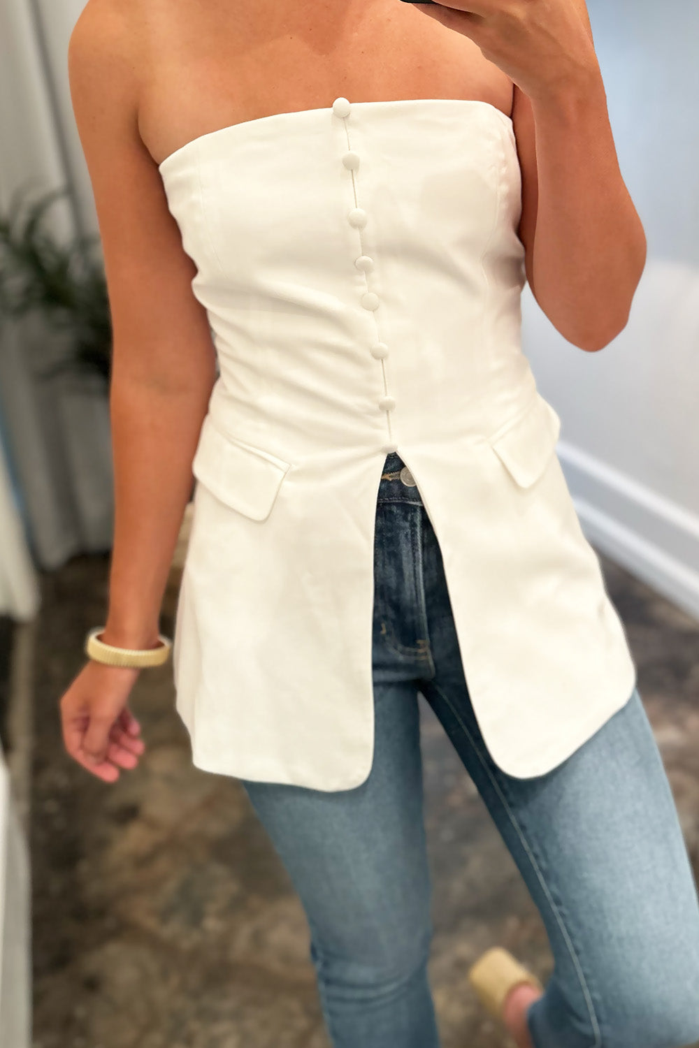 White Strapless Blazer Top