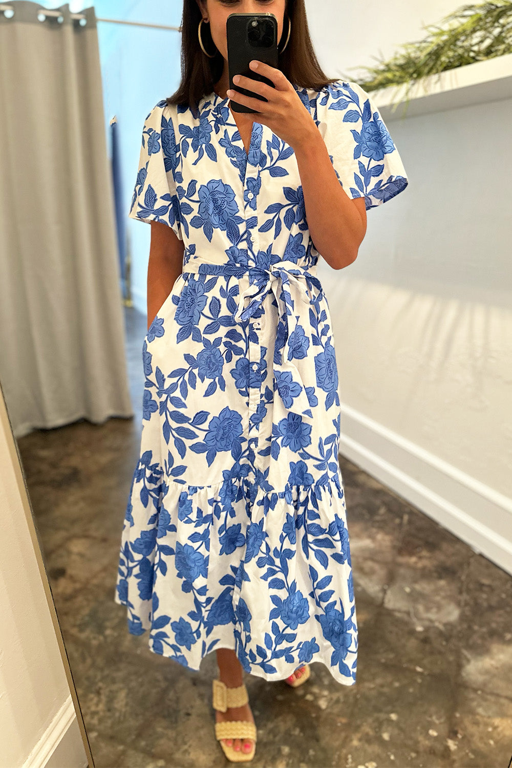 White and Blue Floral Button Up Midi