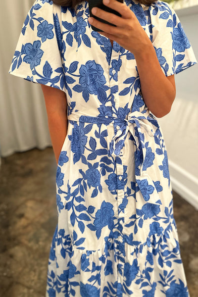 White and Blue Floral Button Up Midi