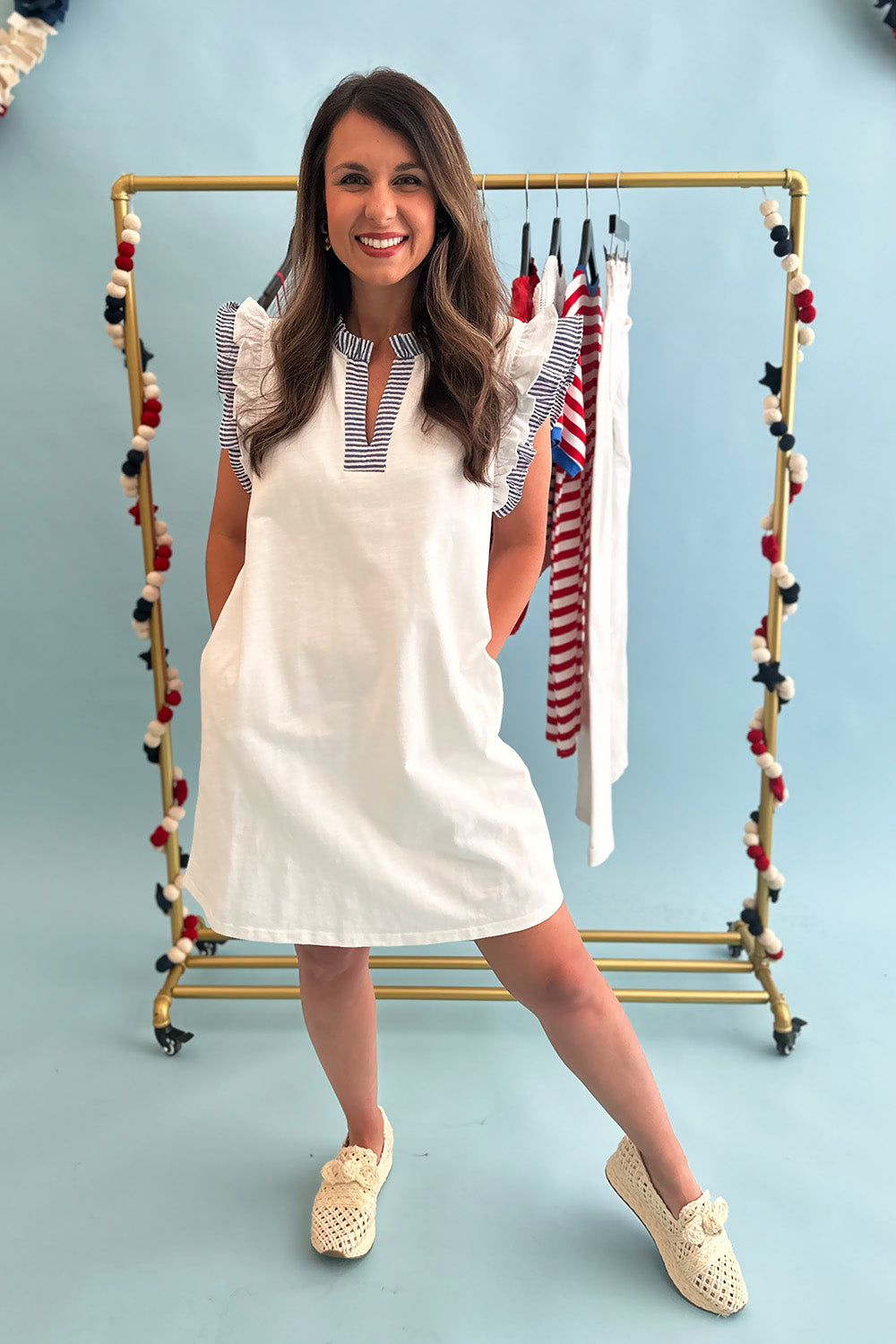 White Dress with Blue Stripe Ruffle