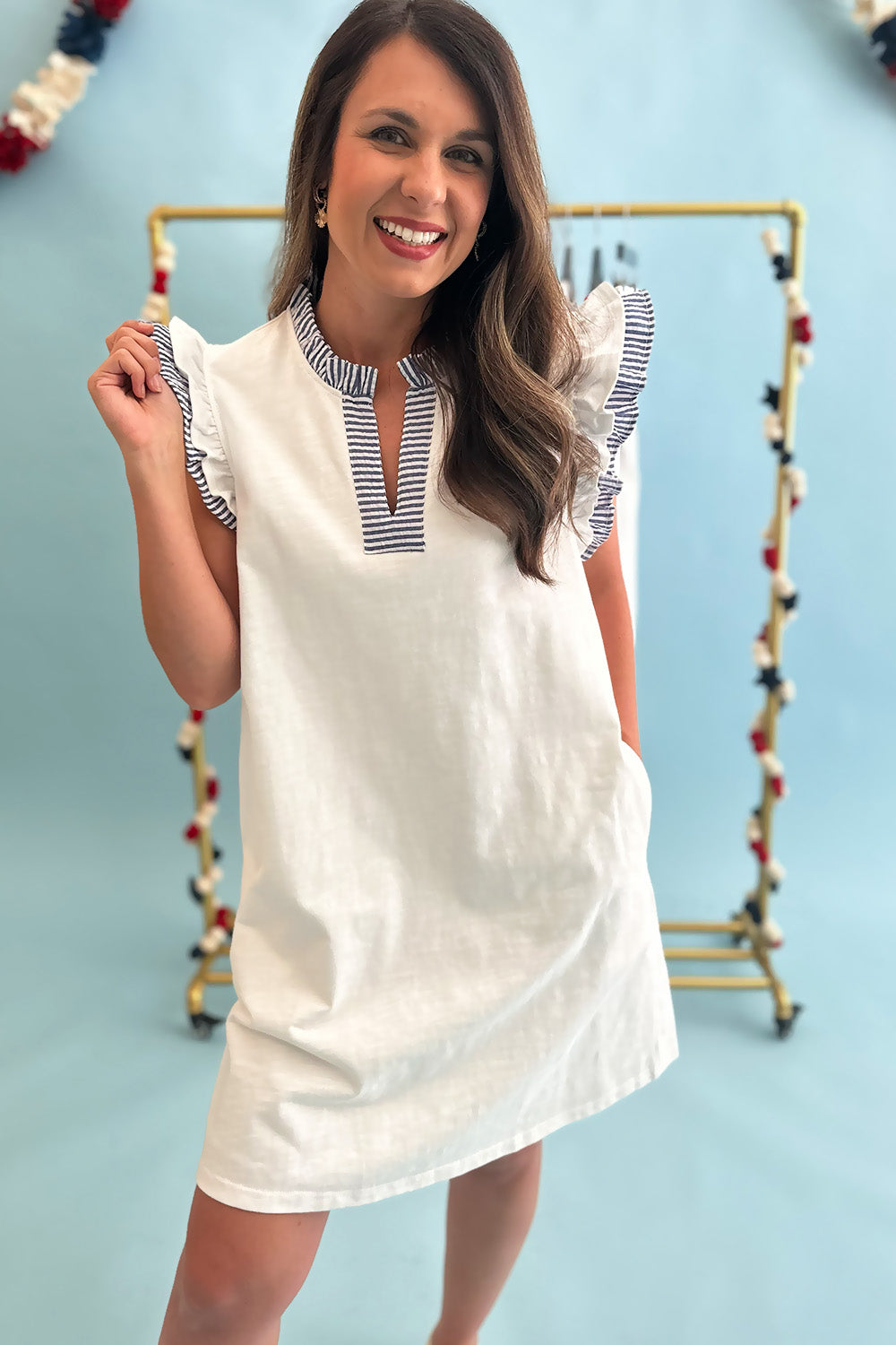 White Dress with Blue Stripe Ruffle
