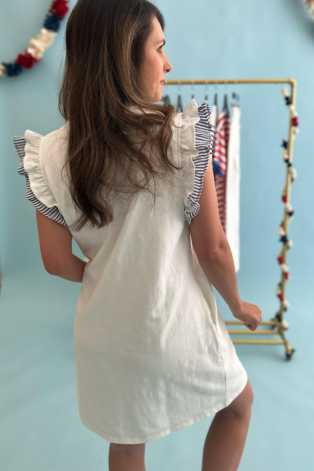 White Dress with Blue Stripe Ruffle