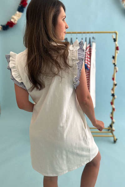 White Dress with Blue Stripe Ruffle