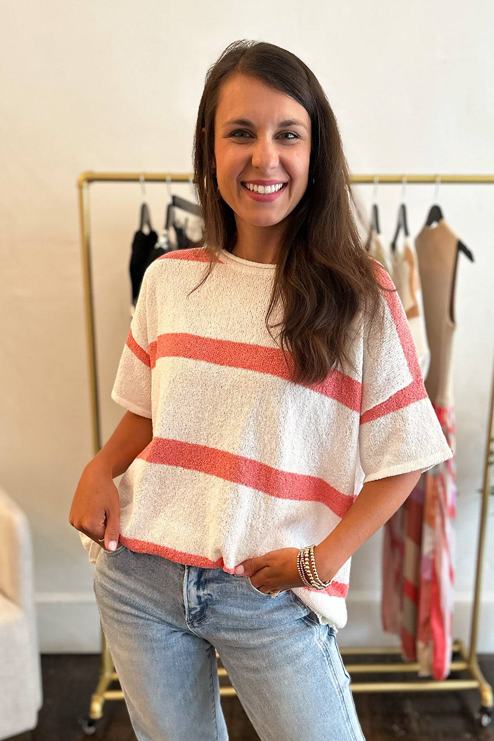 White Short Sleeve Striped Top Coral