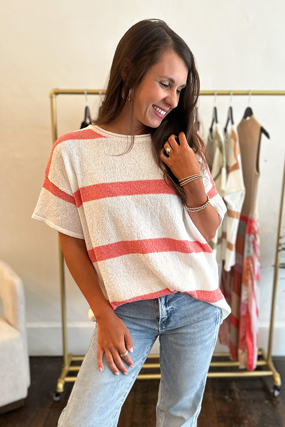 White Short Sleeve Striped Top Coral