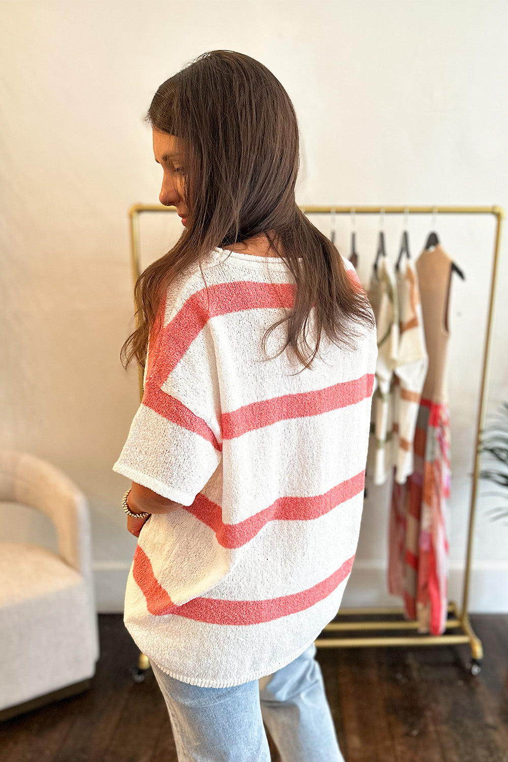 White Short Sleeve Striped Top Coral