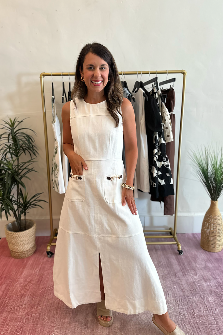 White Denim Sleeveless Midi Dress