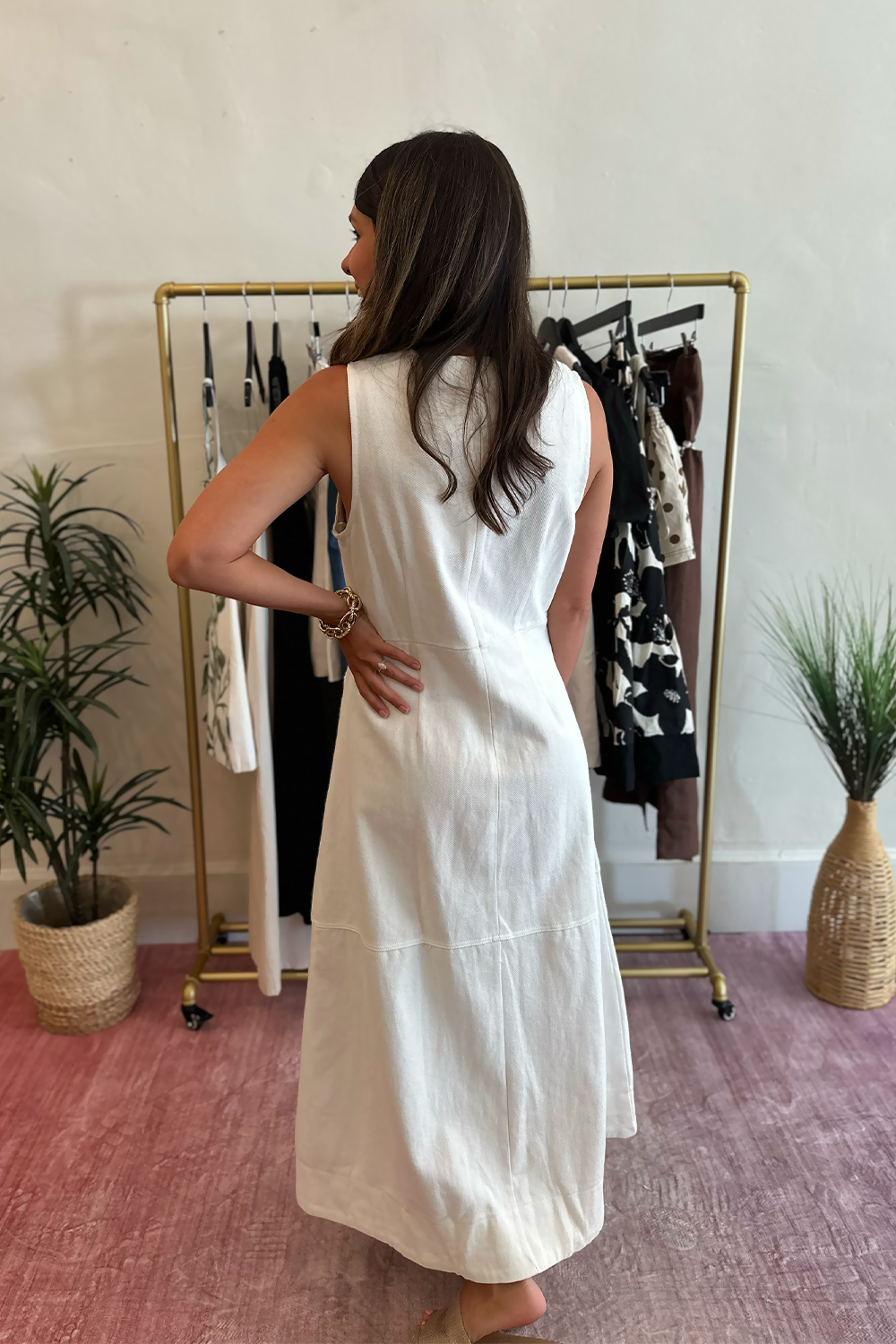 white sleeveless denim dress Denim Square-Neck Sleeveless Mini Dress in Tile White