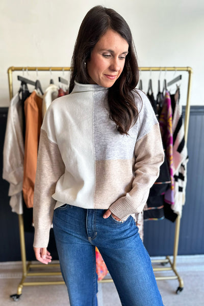 Gray White Tan Color Block Sweater