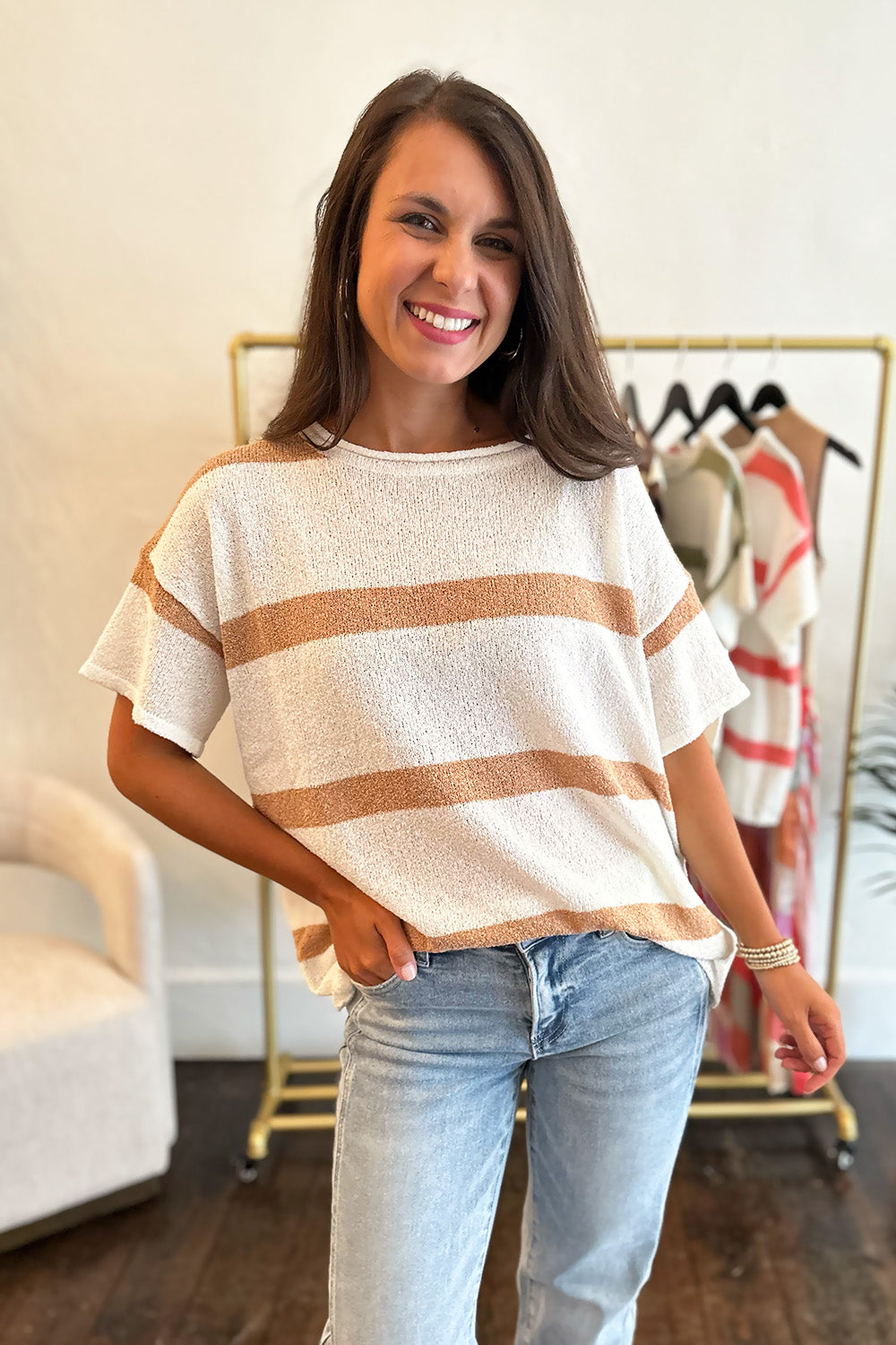 White Short Sleeve Striped Top Mocha