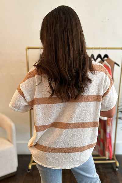 White Short Sleeve Striped Top Mocha