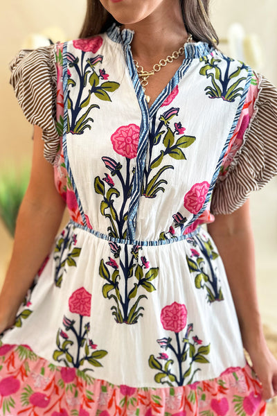 White Midi with Floral and Stripe Pattern