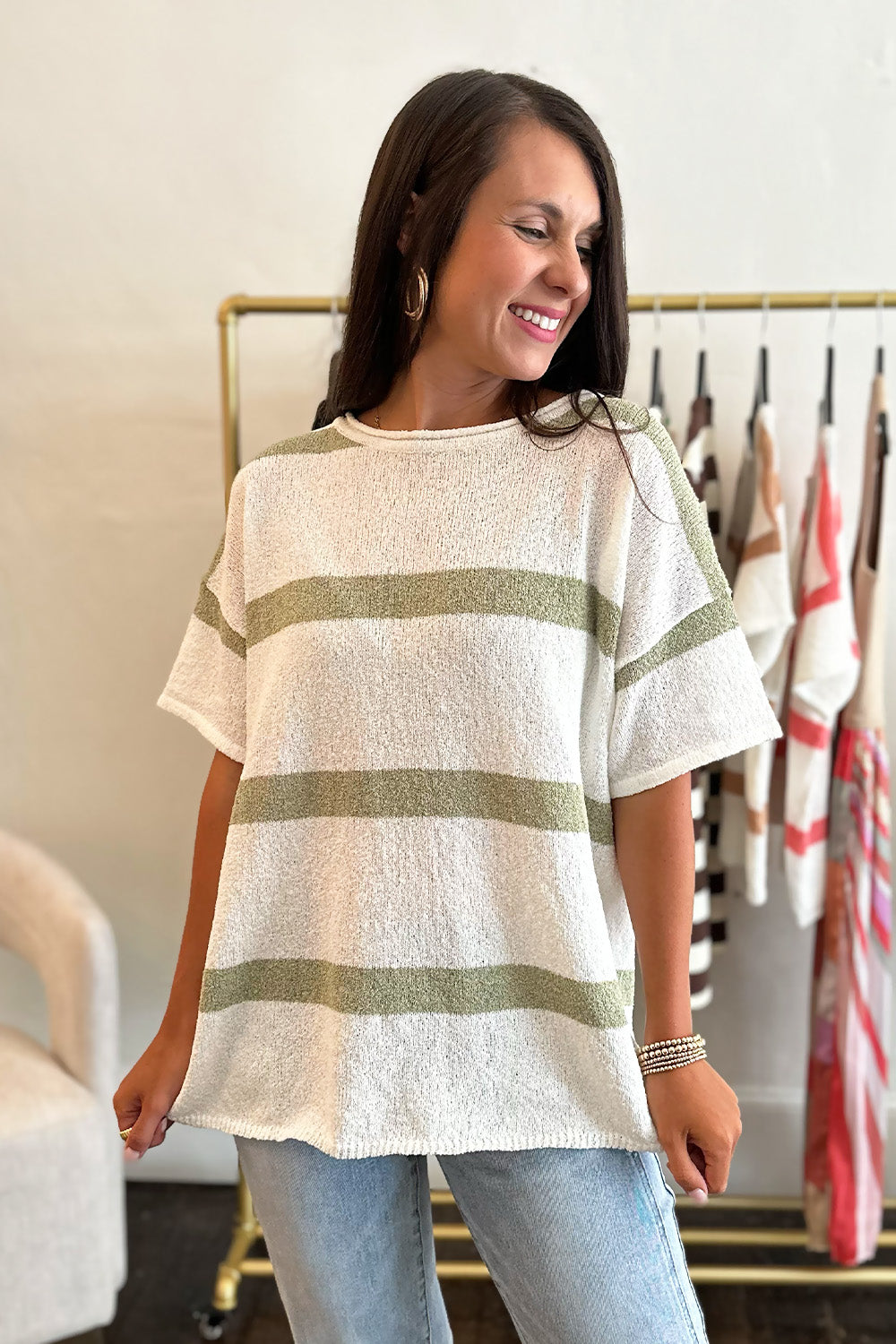 White Short Sleeve Striped Top Sage