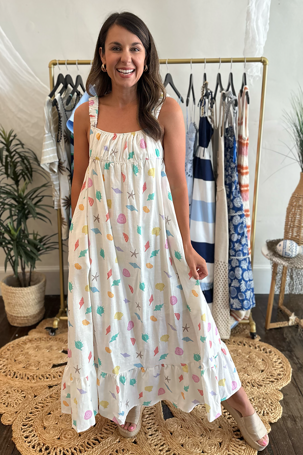 White & Multi Color Sea Shell Maxi Dress