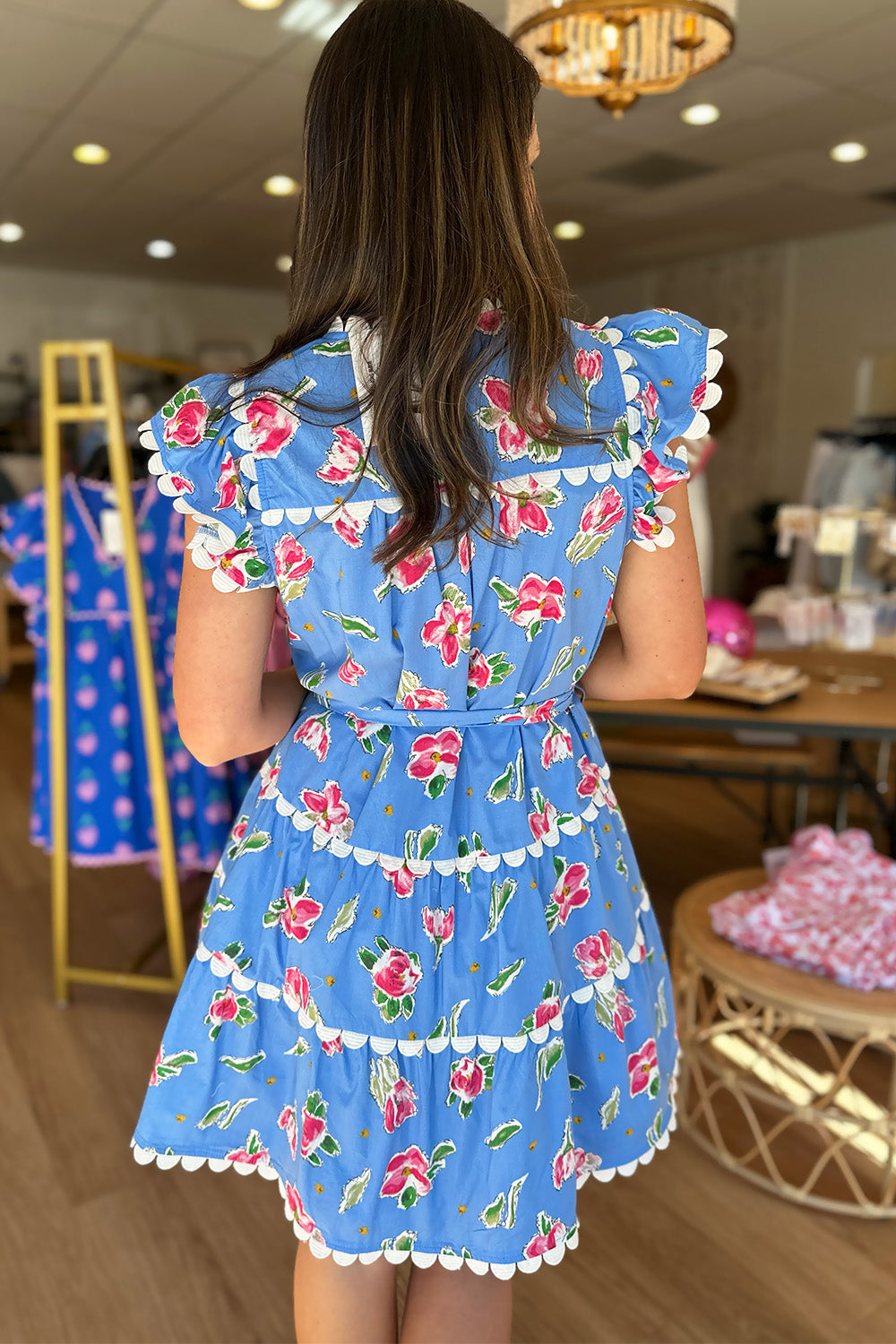 Floral White Trim Dress Blue