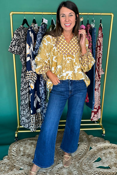 Mix Floral Round Yoke Blouse Mustard