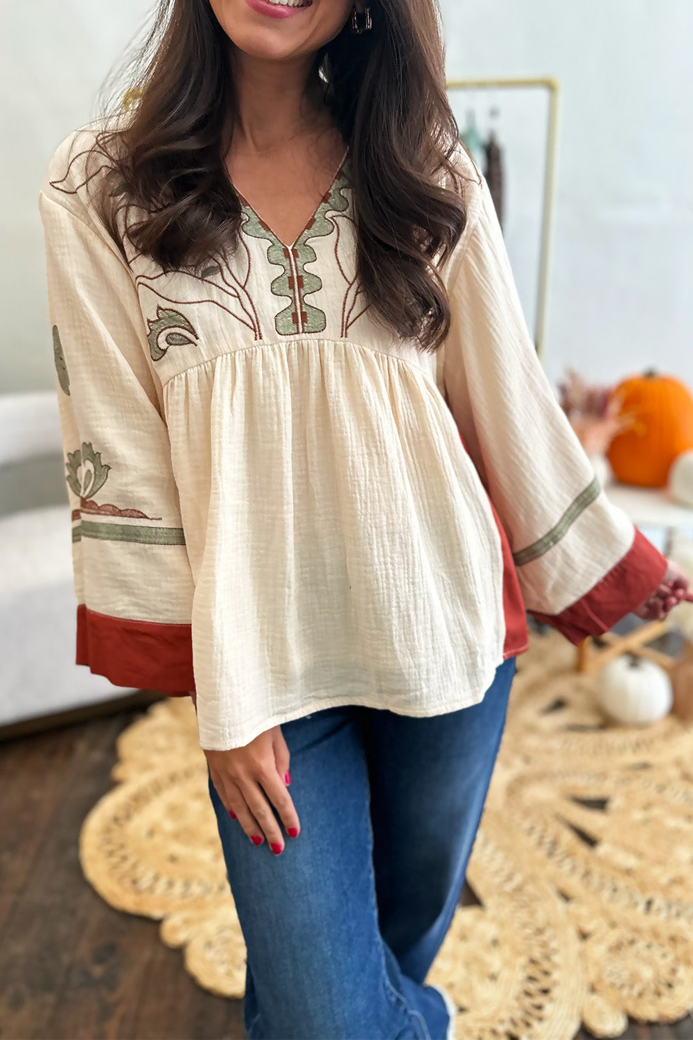 Tan and Rust Embroidered Wide Sleeve Top