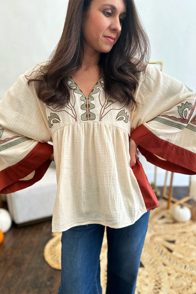 Tan and Rust Embroidered Wide Sleeve Top