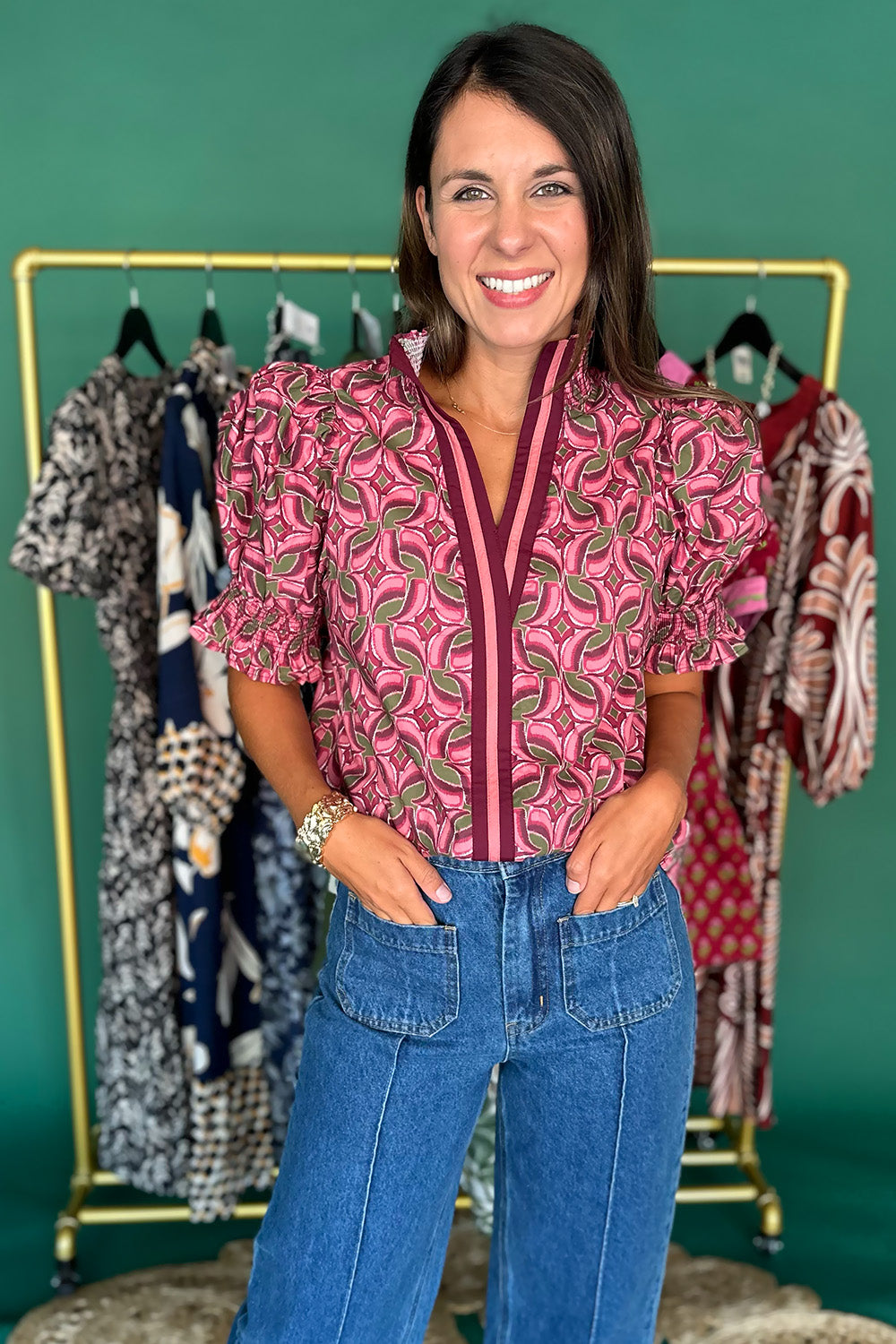 Wine and Green SS Stripe Trim Blouse
