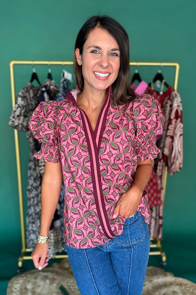 Wine and Green SS Stripe Trim Blouse