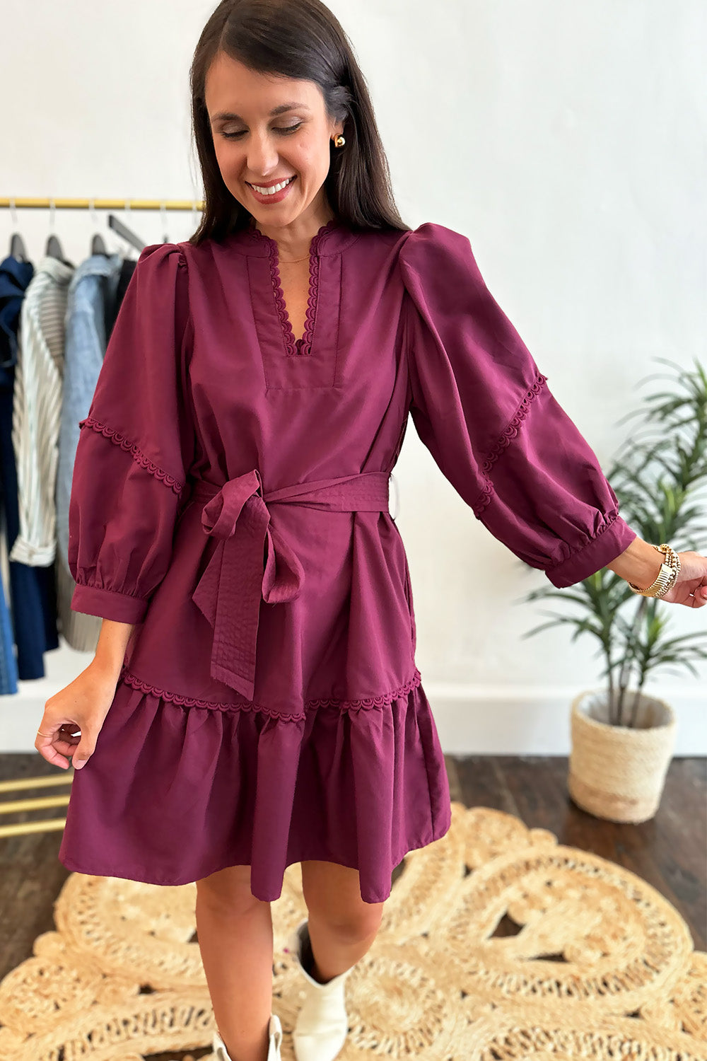 Plum LS Tie Waist Dress