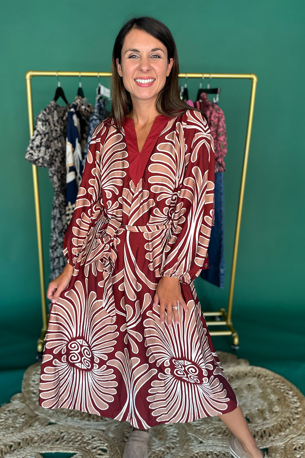 Wine Swirly Vneck Tie Waist Midi Dress