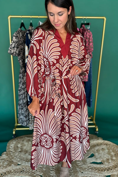 Wine Swirly Vneck Tie Waist Midi Dress