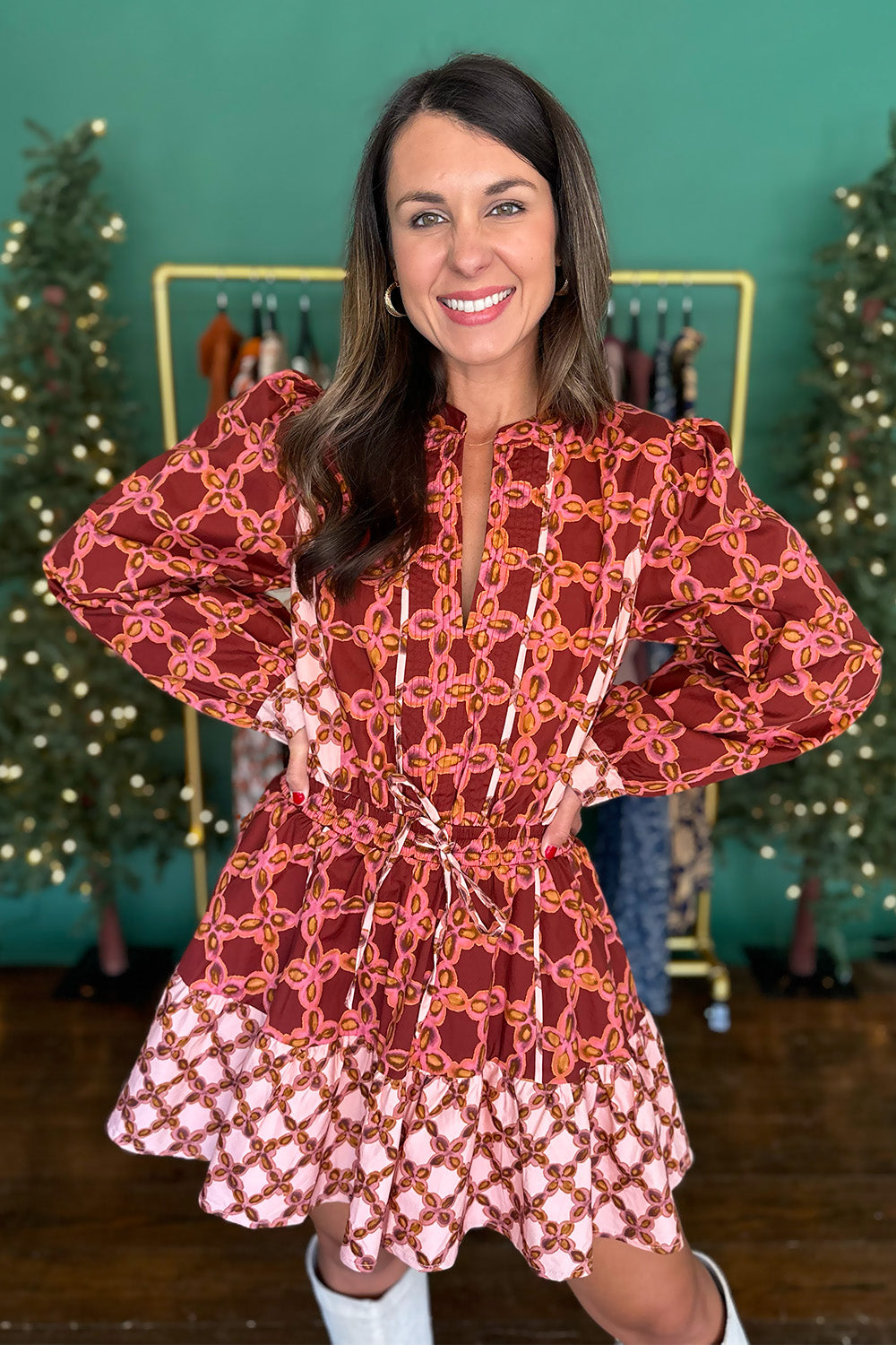 Wine and Pink Tie Waist LS Dress