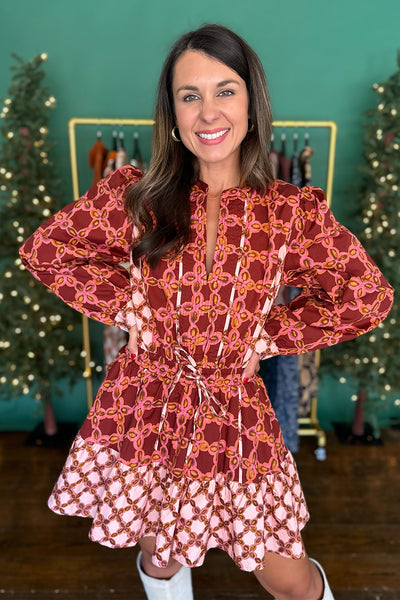 Wine and Pink Tie Waist LS Dress