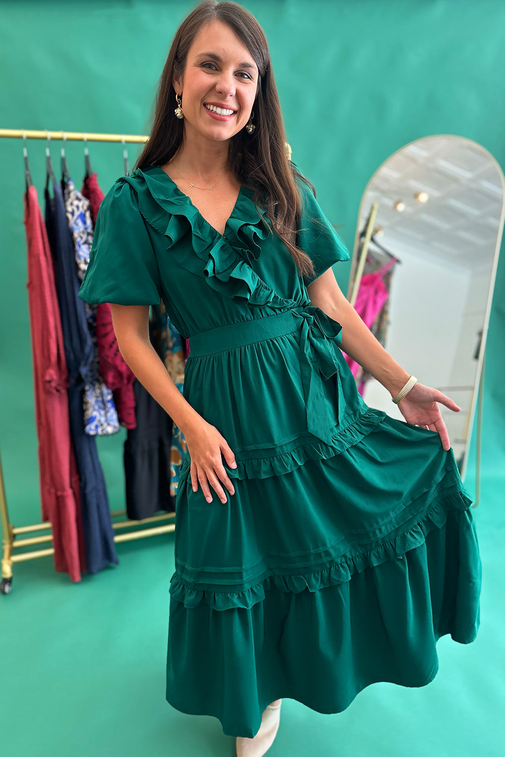 Ruffle Wrap SS Midi Dress Green