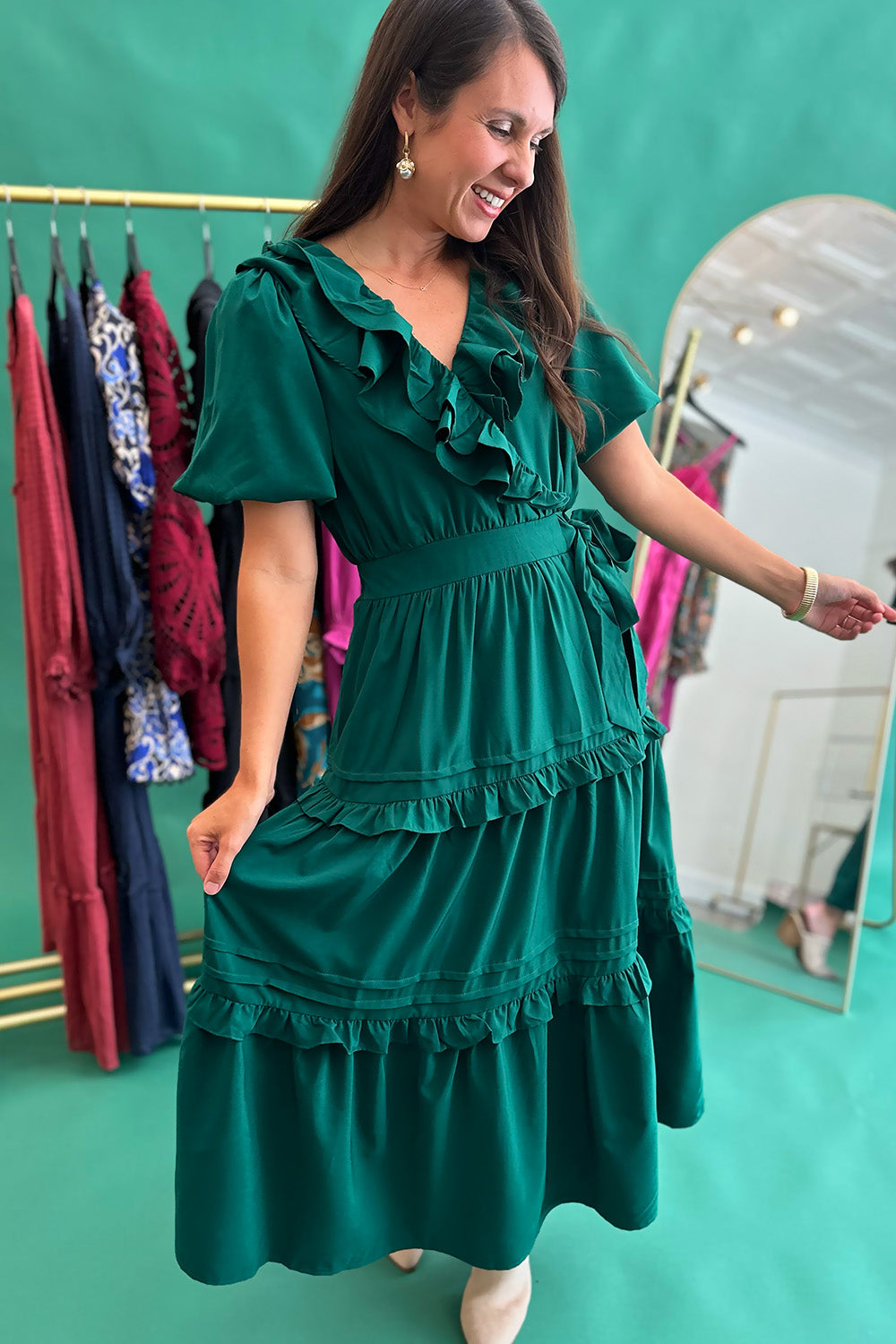 Ruffle Wrap SS Midi Dress Green