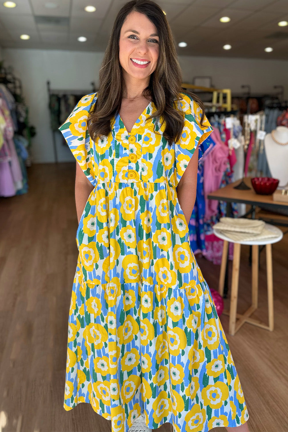 Yellow and Blue Floral Midi Dress