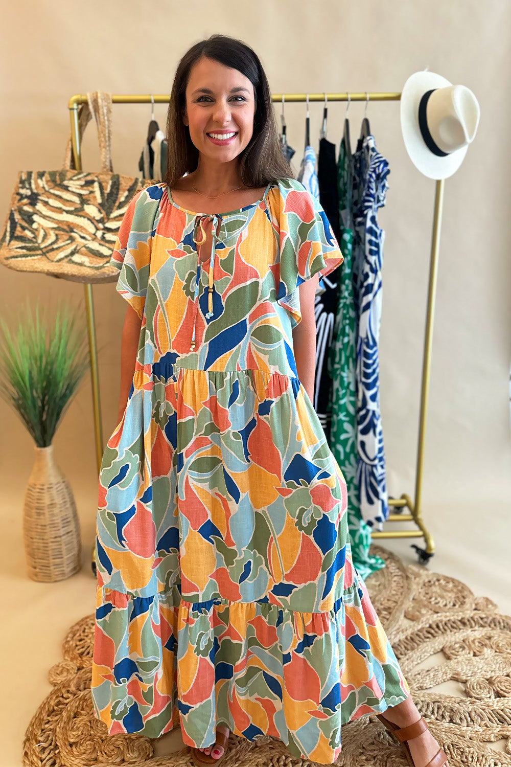 Yellow, Green, Peach Printed SS Dress
