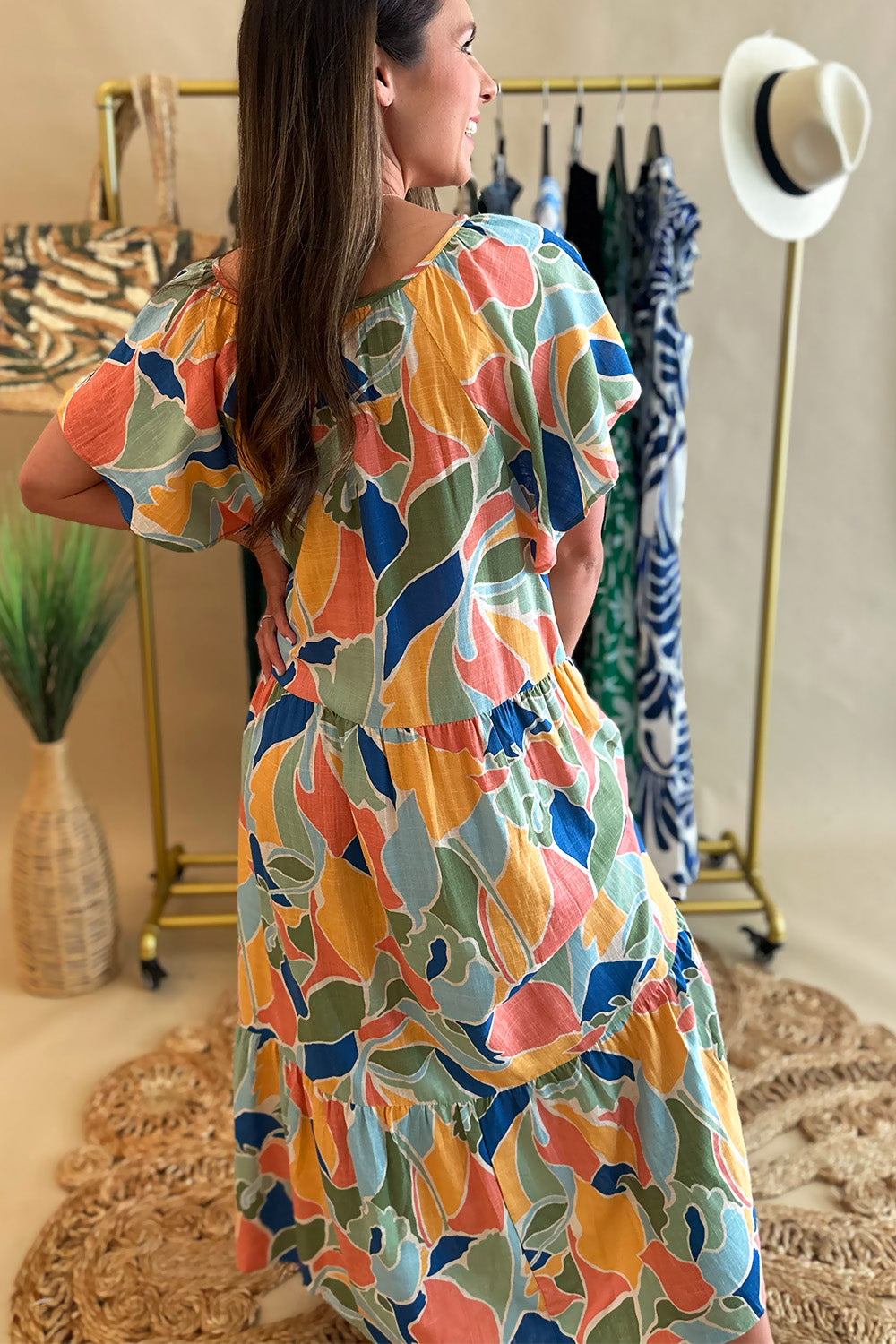 Yellow, Green, Peach Printed SS Dress