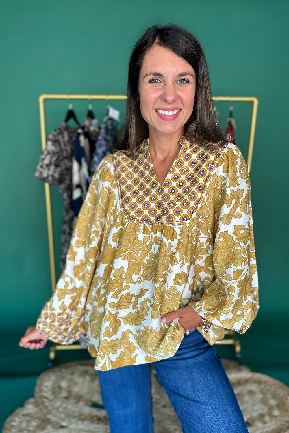 Mix Floral Round Yoke Blouse Mustard
