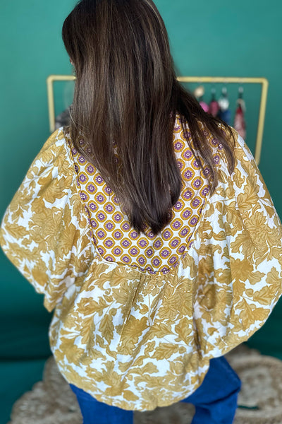 Mix Floral Round Yoke Blouse Mustard
