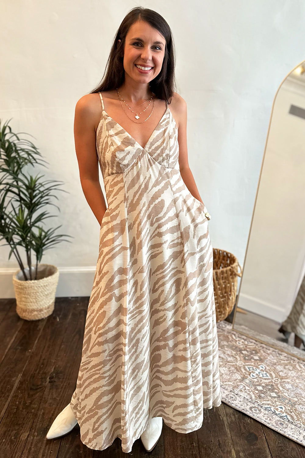 Neutral Zebra Print Midi Dress