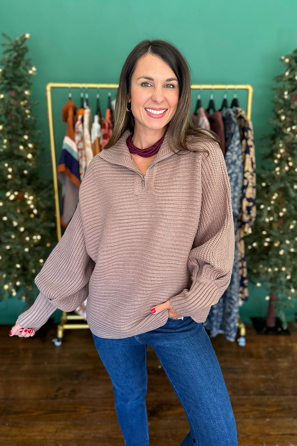 Knit Zip Up Pullover Sweater Mocha